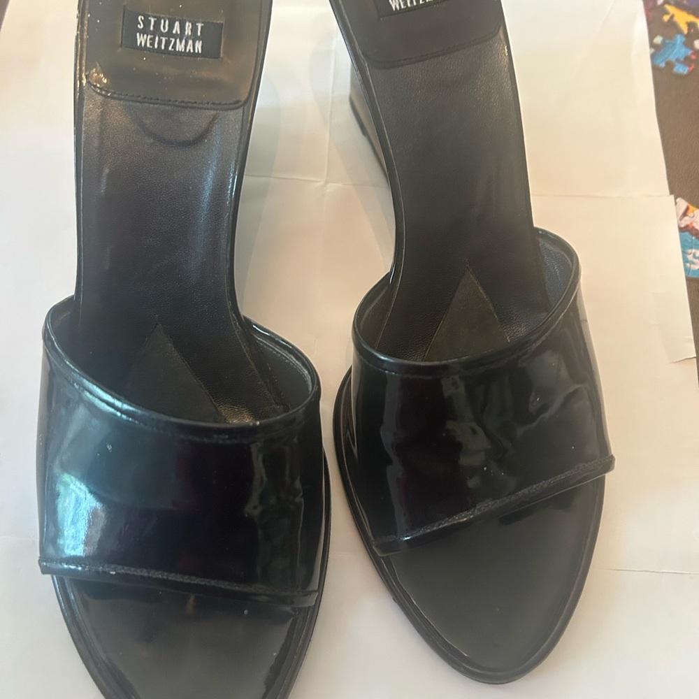 Stuart Weitzman Black Patent Slide Mules